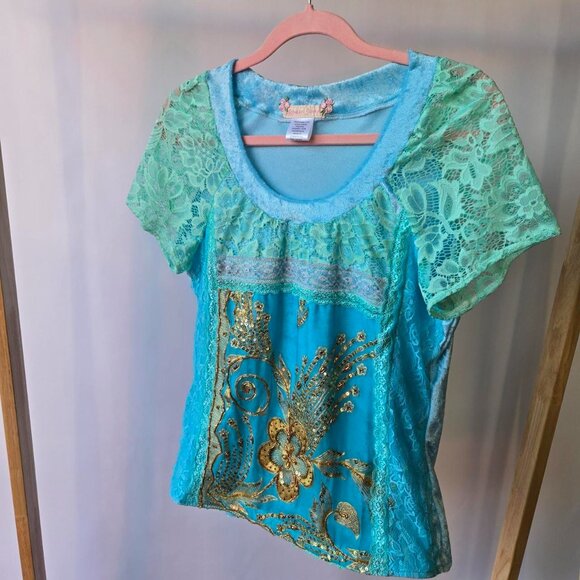 Blue Velvet and Vintage Gold Embroidered Top | Roselani Jasmin | Size Medium - Picture 5 of 8